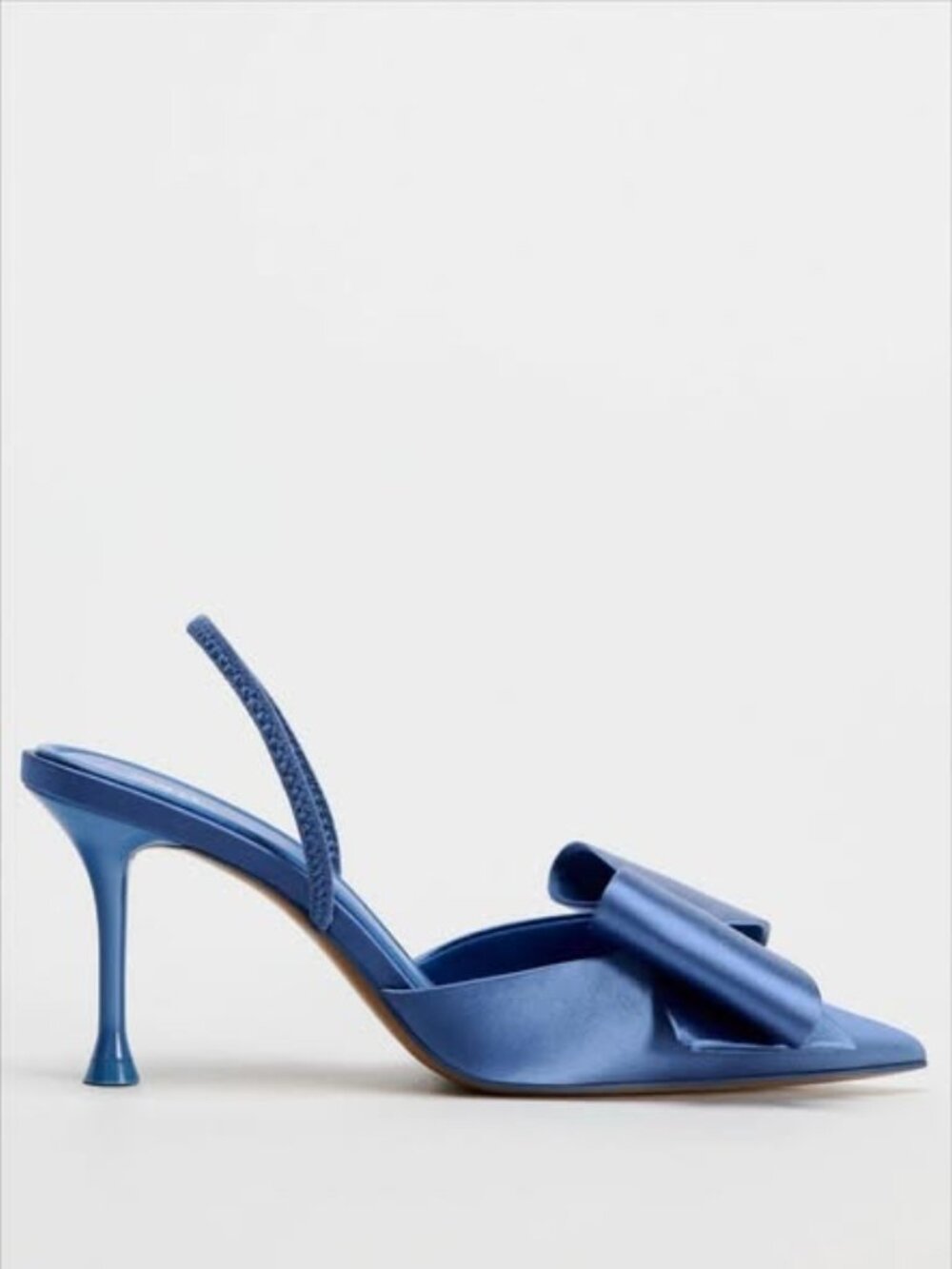 Zara satin-effect blue high heel sandals featuring a large bow detail